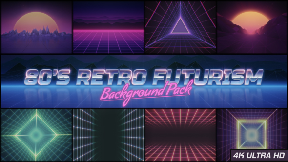 9 animated backgrounds in 80's retro futurism style.