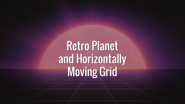 Distant planet and slowly horizontally moving grid in 80’s retro futuristic style. Seamlessly looping animated backdrop.