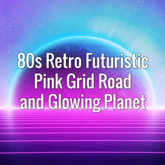 Seamlessly looping retrowave purple shining grid and distant planet backdrop