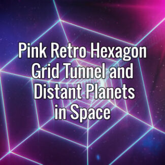Seamlessly looping rotating hexagonal grid tunnel and distant planets in space animated backdrop
