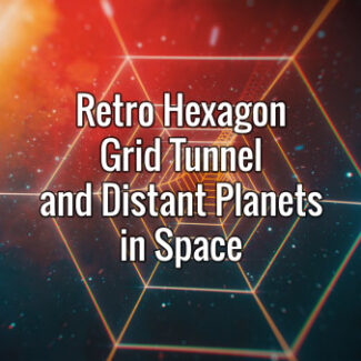 Seamlessly looping hexagonal grid tunnel and distant planets in space animated backdrop