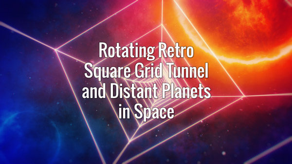 Seamlessly looping rotating grid tunnel and distant planets in space animated backdrop
