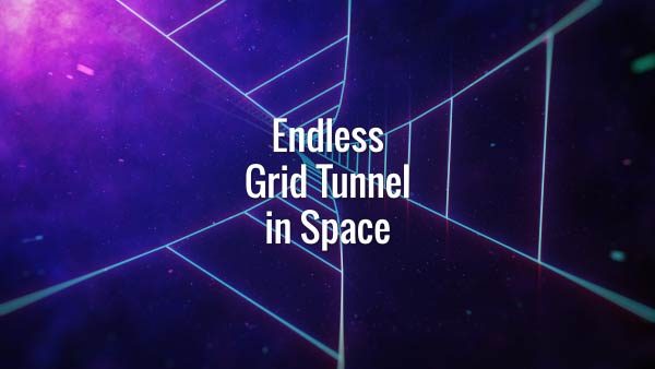 Seamlessly looping cyan grid roads leading to a distant purple nebula in space, animated background.