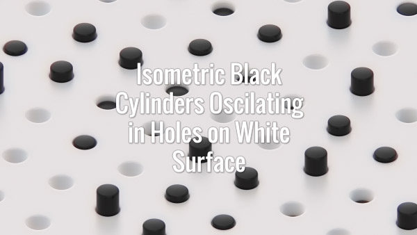 Seamlessly looping isometric black cylinders randomly oscilating in holes on white surface. Animated background.