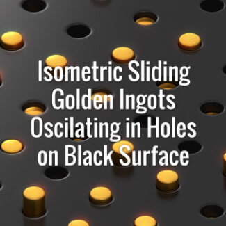 Seamlessly looping panoram of isometric oscillating golden cylinders in holes on dark surface. Animated background.