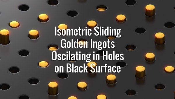 Seamlessly looping panoram of isometric oscillating golden cylinders in holes on dark surface. Animated background.