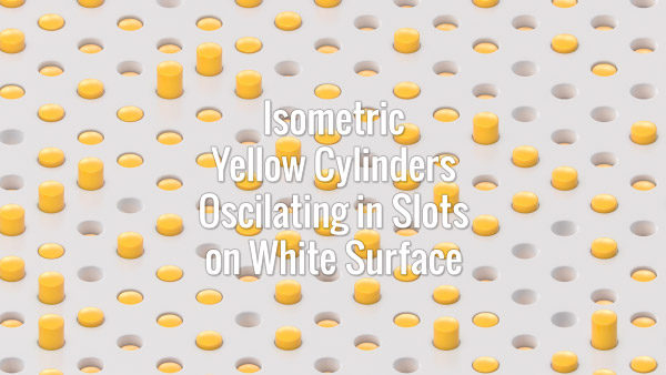 Seamlessly looping isometric oscilating yellow cylinders on white surface. Animated background.