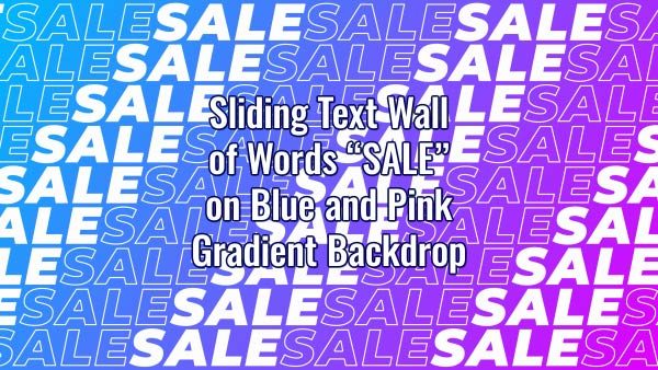 Seamlessly looping multiple lines of word "SALE" on gradient pink and blue gradient backdrop. Animated background.