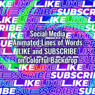 Seamlessly looping multiple lines of words "LIKE" and "SUBSCRIBE" on vibrant multicolored spiral fluid backdrop. Animated background.