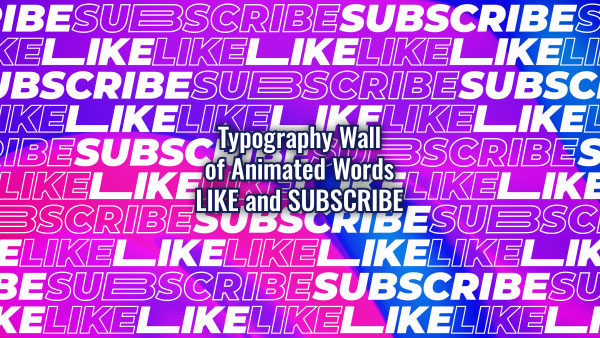 Seamlessly looping multiple lines of words "LIKE" and "SUBSCRIBE" on vibrant multicolored fluid backdrop. Animated background.